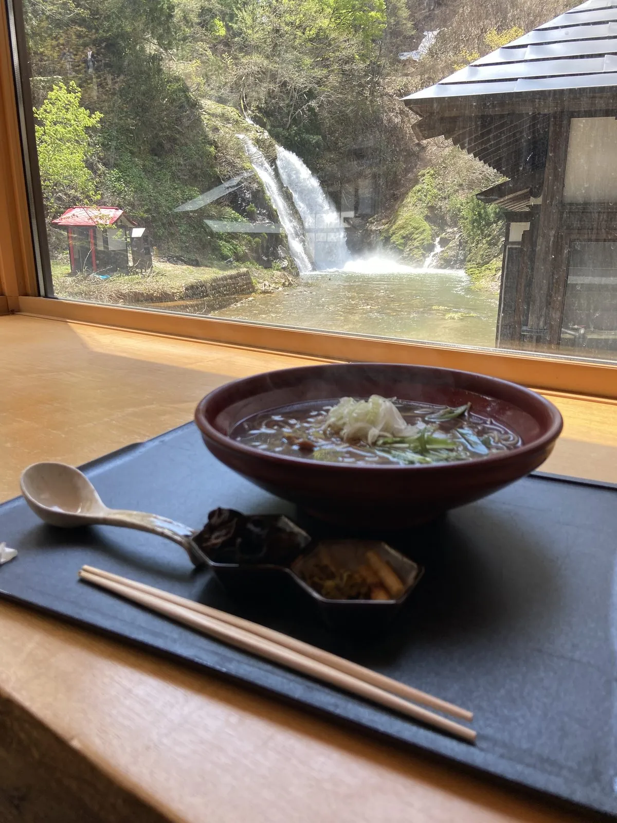 Steaming bowl of duck soba at Takimikan with Shirogane Falls visible through the window