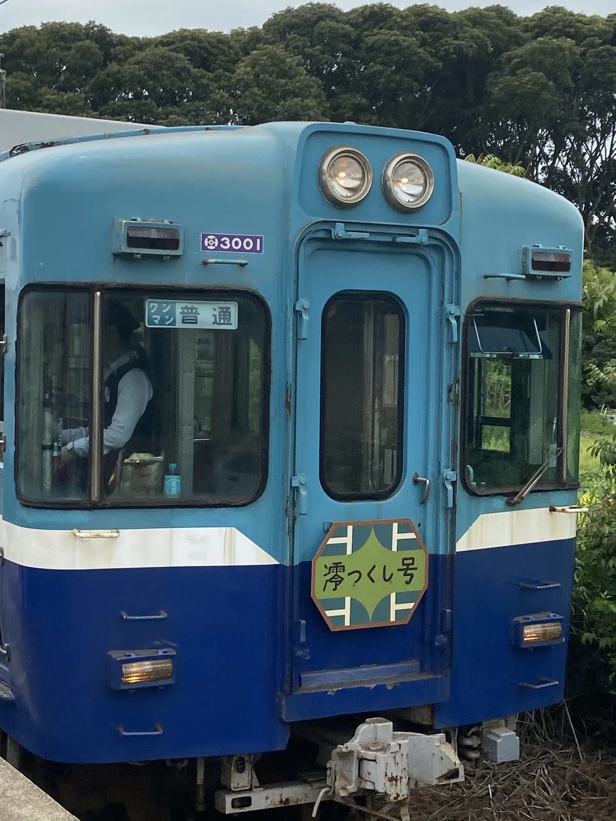 The retro blue Choshi Electric Railway car with the Miotsukushi-go headmark